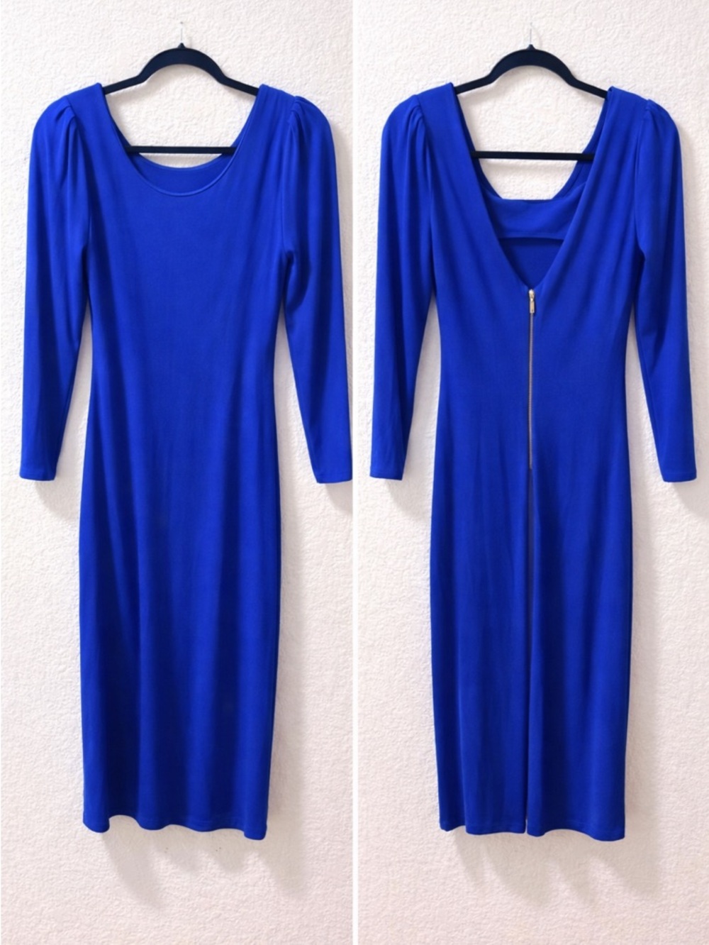 Carmen Marc Valvo Blue Bodycon Dress Plunge Back Puff Sleeve XS